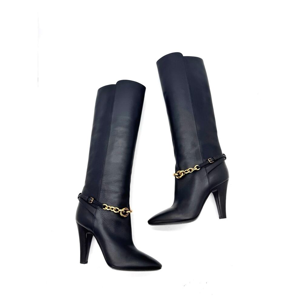 Saint Laurent Le Maillon Black Leather 100mm Chain Knee High Boots EU 38.5